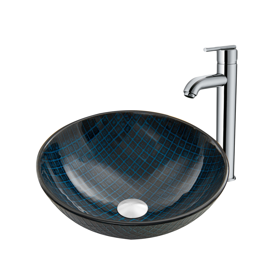 Blue Matrix Glass Vessel Sink and Seville Faucet Set in Chrome