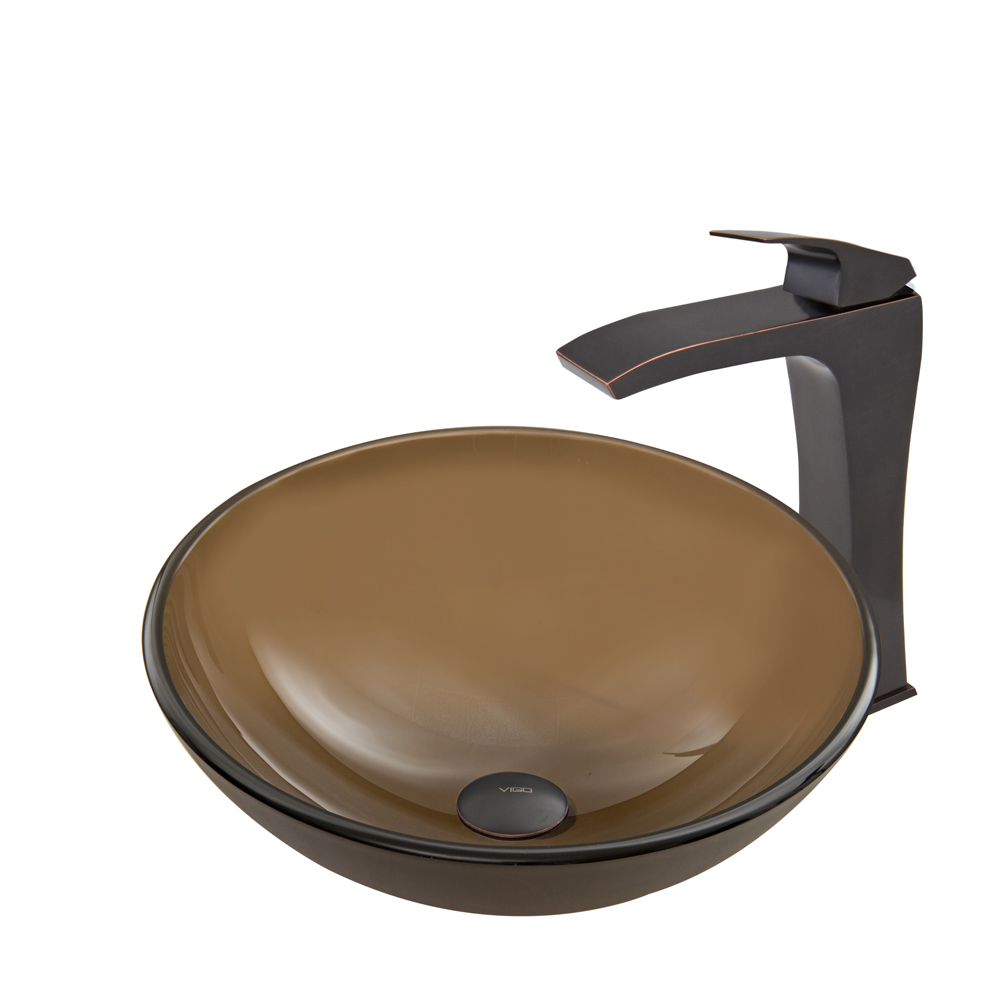 Sheer Sepia Glass Vessel Sink and Blackstonian Faucet Set in Antique Rubbed Bronze