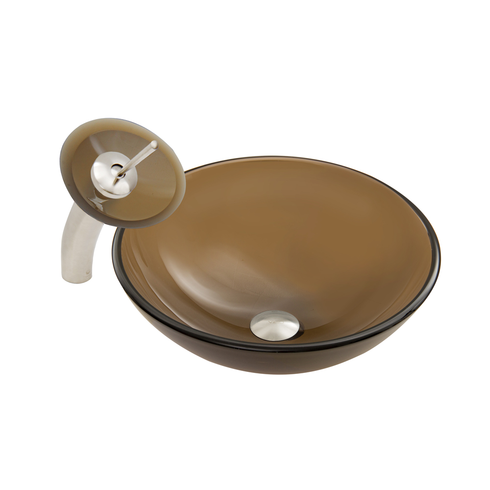 Sheer Sepia Frosted Glass Vessel Sink and Waterfall Faucet Set in Brushed Nickel Finish