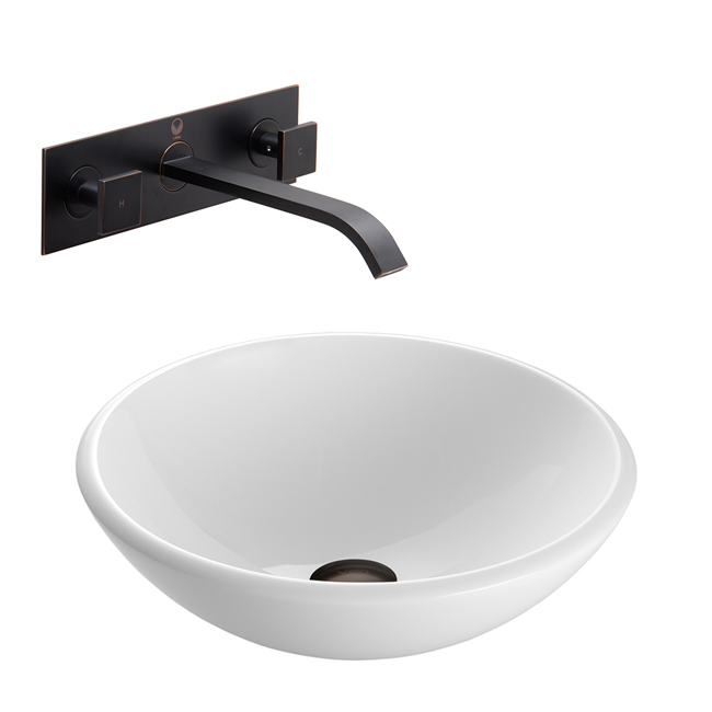White Phoenix Stone Glass Vessel Sink with Antique Rubbed Bronze Wall Mount Faucet