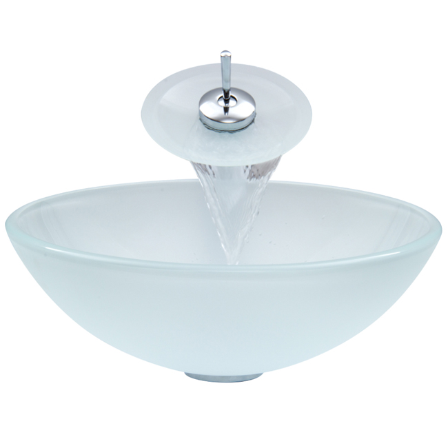 White Frost Glass Vessel Sink and Waterfall Faucet Set in Chrome