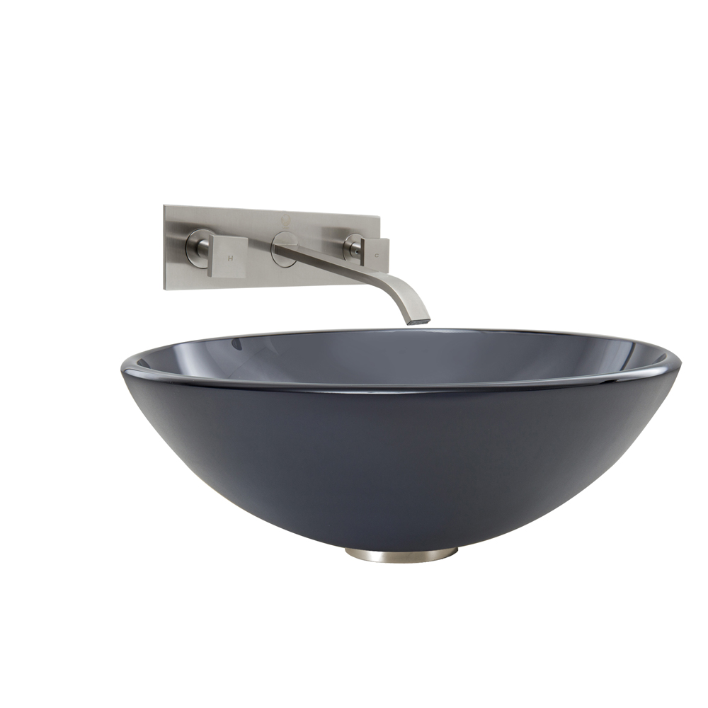 Sheer Black Frosted Glass Vessel Sink and Titus Wall Mount Faucet Set in Brushed Nickel