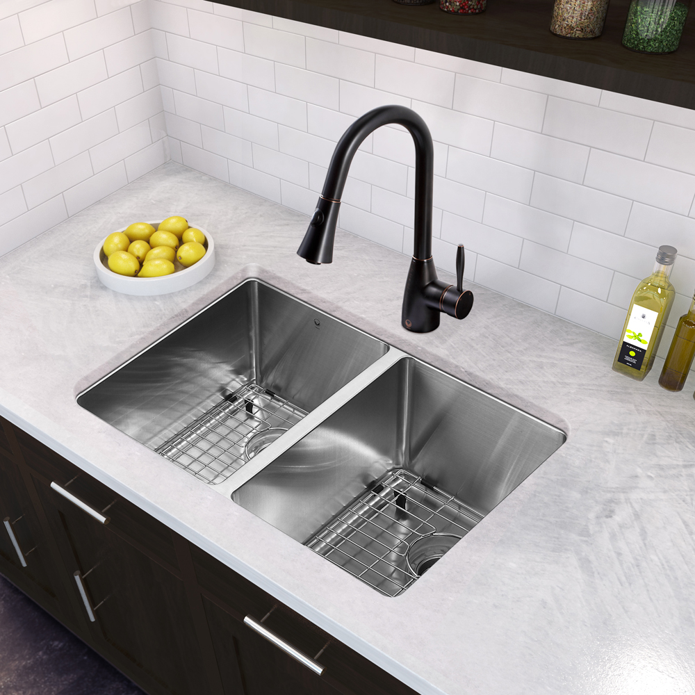 29-inch Undermount Stainless Steel 16 Gauge Stainless Steel Double Kitchen Sink and Aylesbury Antique Rubbed Bronze Pull-Down Spray Kitchen Faucet