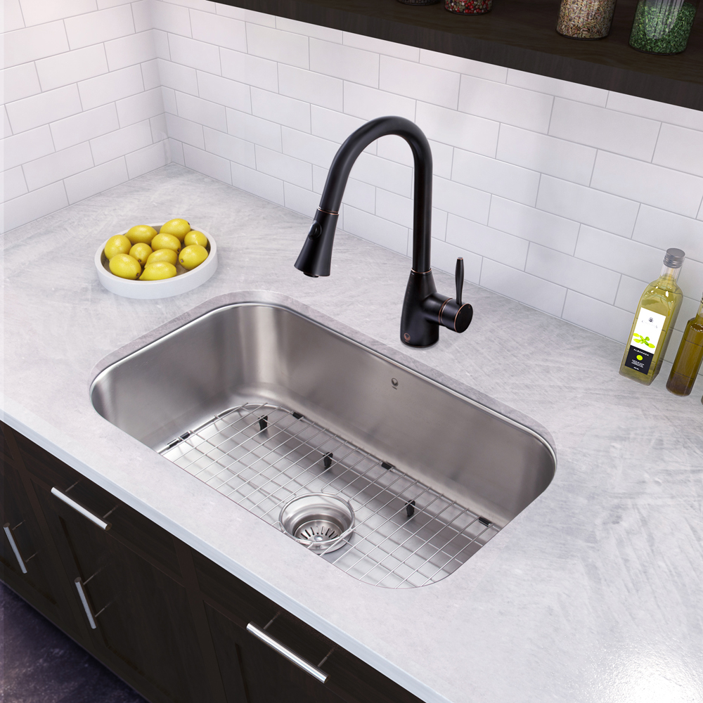 30-inch Undermount Stainless Steel 18 Gauge Single Bowl Kitchen Sink and Aylesbury Antique Rubbed Bronze Pull-Down Spray Kitchen Faucet