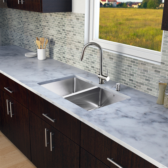 All in One 29-inch Undermount Stainless Steel Double Bowl Kitchen Sink and Faucet Set