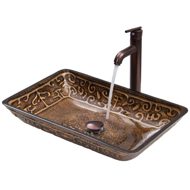 Rectangular Golden Greek Glass Vessel Sink and Faucet Set in Oil Rubbed Bronze