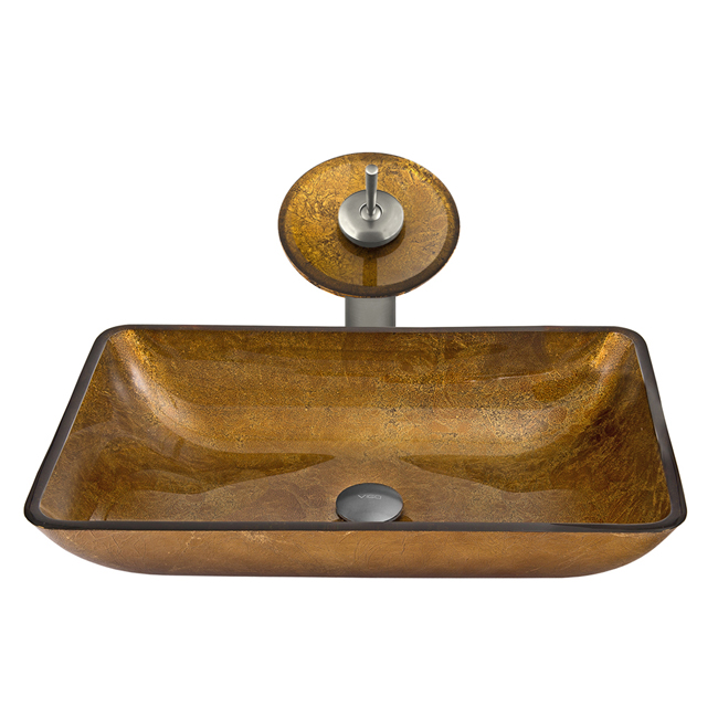 Rectangular Copper Glass Vessel Sink and Waterfall Faucet Set in Brushed Nickel