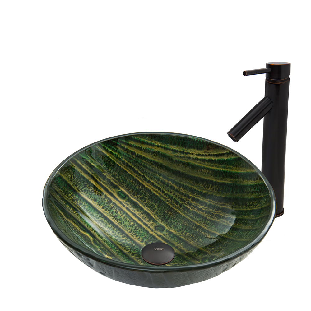 Green Asteroid Glass Vessel Sink and Dior Faucet Set in Antique Rubbed Bronze