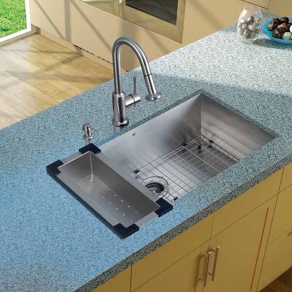 Undermount Stainless Steel Kitchen Sink, Faucet, Colander, Grid, Strainer and Dispenser