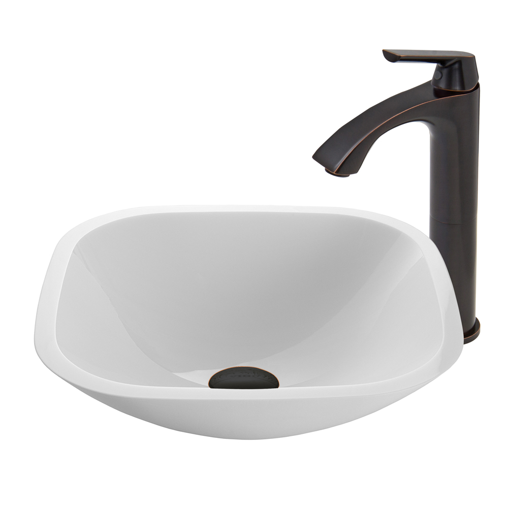 Square Shaped White Phoenix Stone Glass Vessel Sink and Linus Faucet Set in Antique Rubbed Bronze