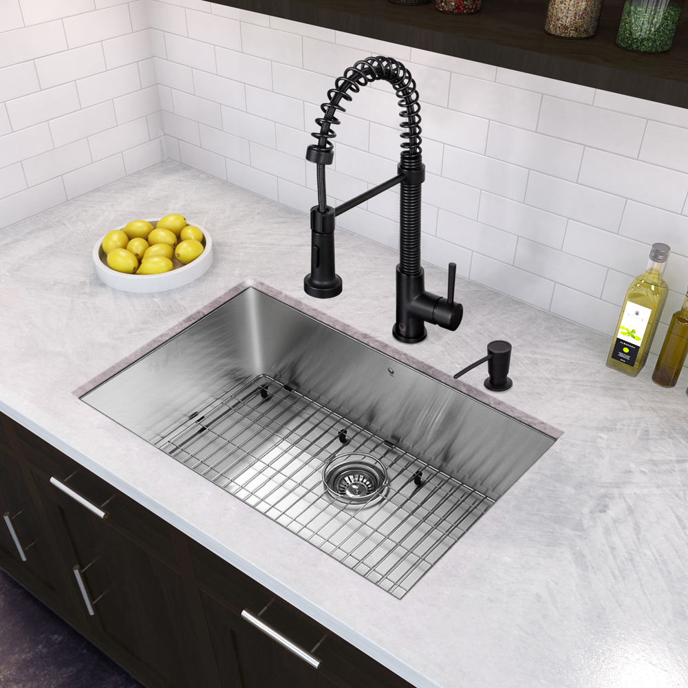 30-inch Undermount Stainless Steel 16 Gauge Single Bowl Sink and Edison Matte Black Pull-Down Spray Kitchen Faucet