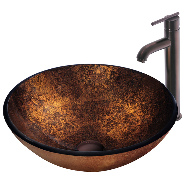 Russet Glass Vessel Sink and Faucet Set in Oil Rubbed Bronze