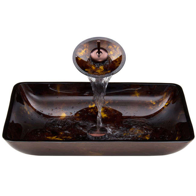 Rectangular Brown and Gold Fusion Glass Vessel Sink and Waterfall Faucet Set in Oil Rubbed Bronze