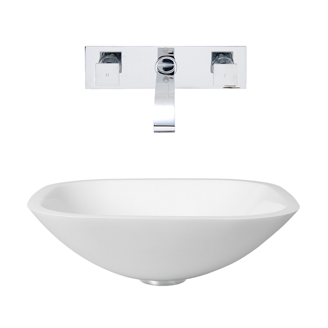 Square Shaped White Phoenix Stone Glass Vessel Sink with Chrome Wall Mount Faucet