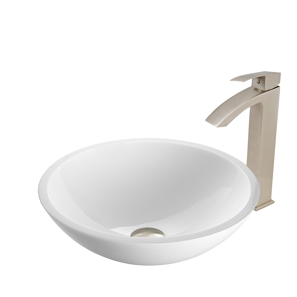 Flat Edged White Phoenix Stone Glass Vessel Sink and Duris Faucet Set in Brushed Nickel
