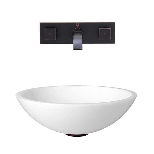 Flat Edged White Phoenix Stone Glass Vessel Sink with Antique Rubbed Bronze Wall Mount Faucet