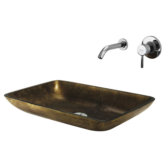 Rectangular Copper Glass Vessel Sink and Wall Mount Faucet Set