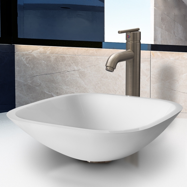 Square Shaped White Phoenix Stone Glass Vessel Sink with Brushed Nickel Faucet