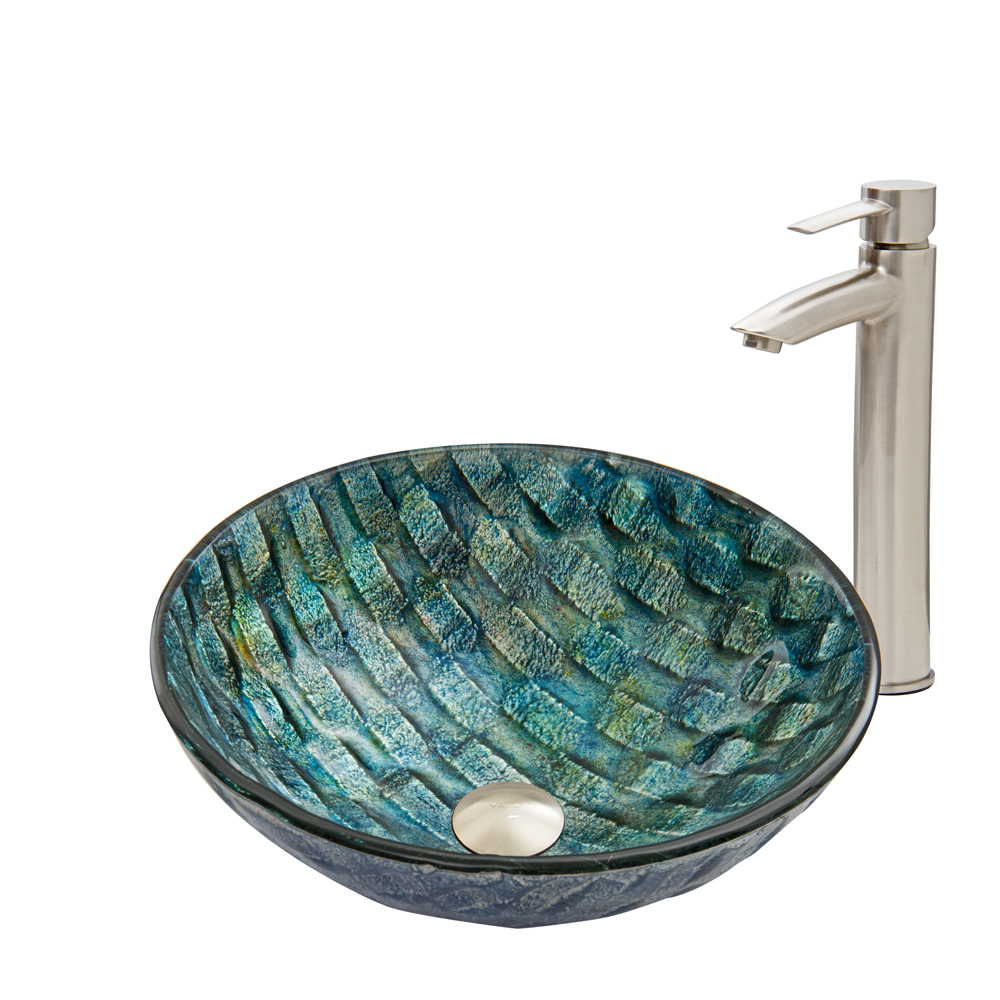Oceania Glass Vessel Sink and Shadow Faucet Set in Brushed Nickel