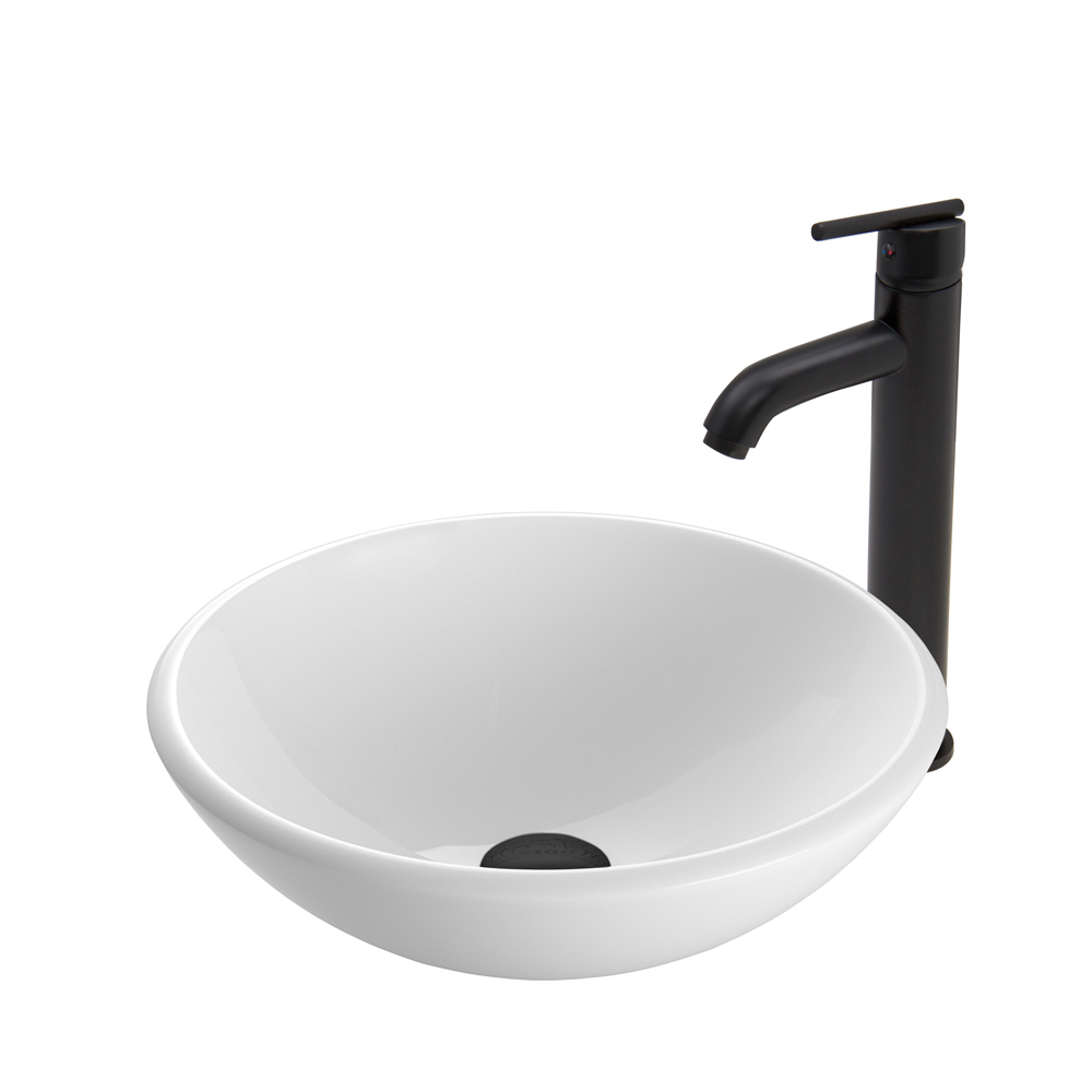 White Phoenix Stone Glass Vessel Sink and Seville Faucet Set in Matte Black
