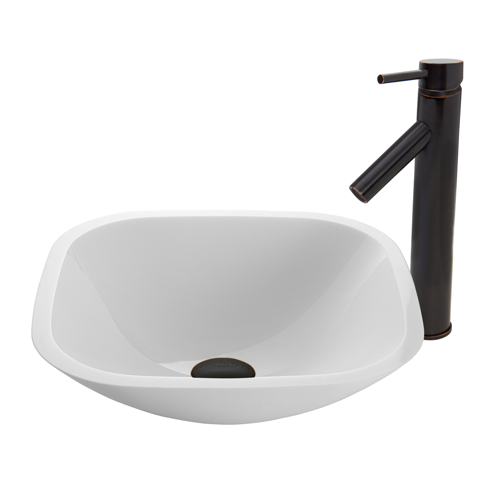 Square Shaped White Phoenix Stone Glass Vessel Sink and Dior Faucet Set in Antique Rubbed Bronze
