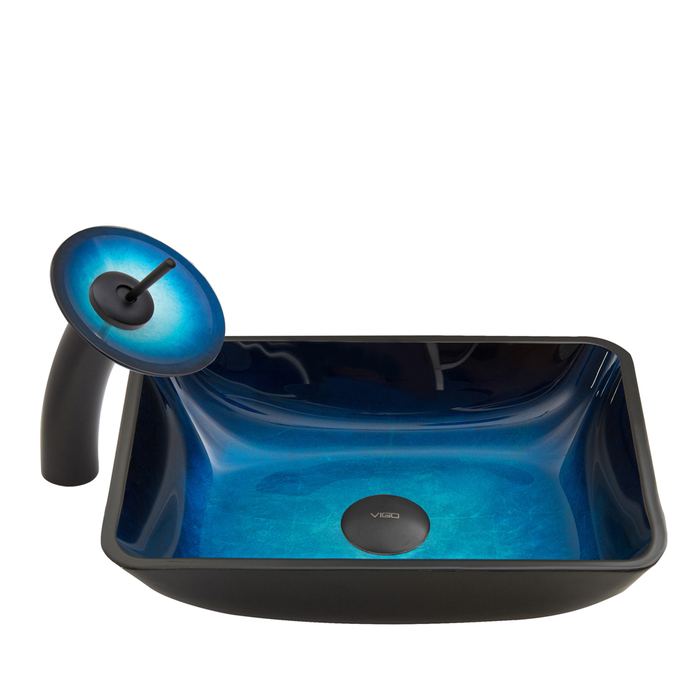 Rectangular Turquoise Water Glass Vessel Sink and Waterfall Faucet Set in Matte Black Finish