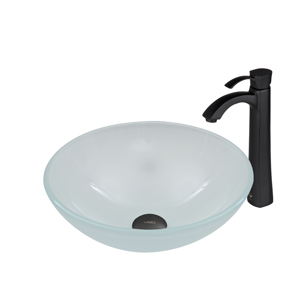 White Frosted Glass Vessel Sink and Otis Faucet Set in Matte Black