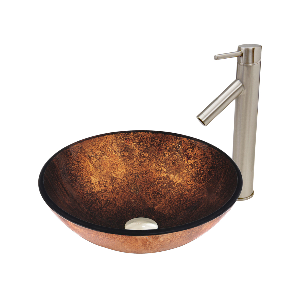 Russet Glass Vessel Sink and Dior Faucet Set in Brushed Nickel