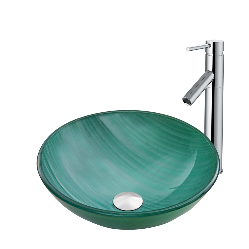 Whispering Wind Glass Vessel Sink and Dior Faucet Set in Chrome