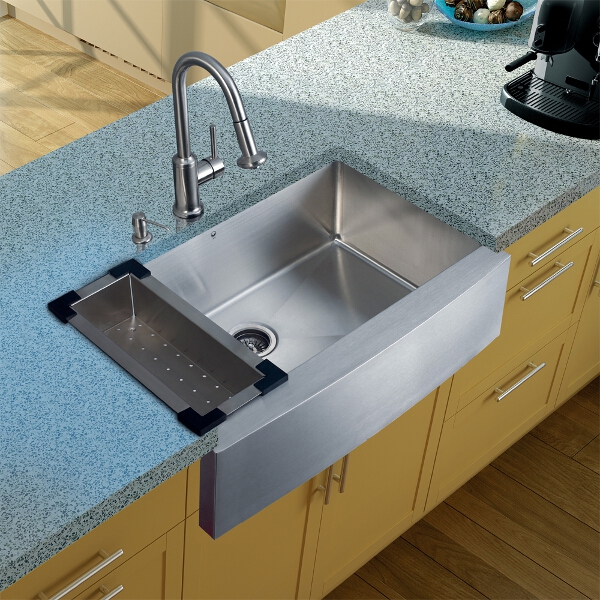 Farmhouse Stainless Steel Kitchen Sink, Faucet, Colander, Strainer and Dispenser