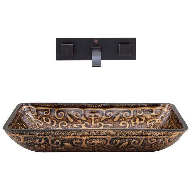 Rectangular Golden Greek Glass Vessel Sink and Wall Mount Faucet in Antique Rubbed Bronze
