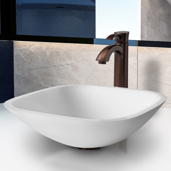 Square Shaped White Phoenix Stone Glass Vessel Sink with Oil Rubbed Bronze Faucet