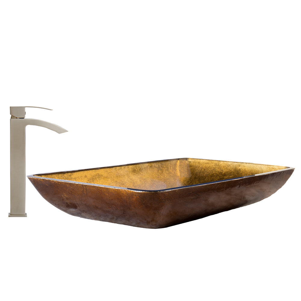 Rectangular Copper Glass Vessel Sink and Duris Faucet Set in Brushed Nickel