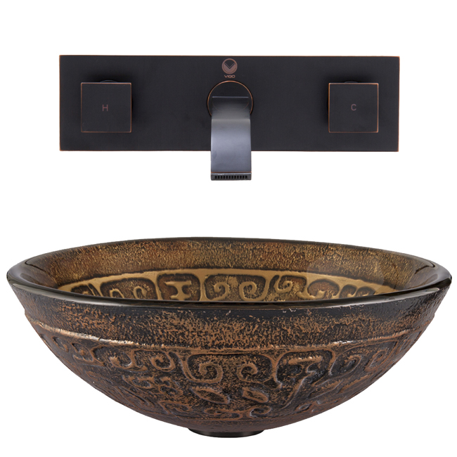 Golden Greek Glass Vessel Sink and Titus Wall Mount Faucet Set in Antique Rubbed Bronze