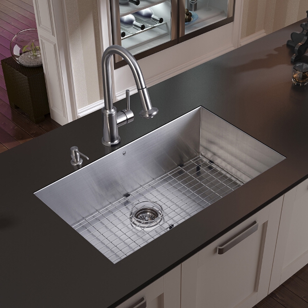 Undermount Stainless Steel Kitchen Sink, Faucet, Grid, Strainer and Dispenser