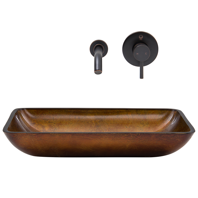Rectangular Russet Glass Vessel Sink and Wall Mount Faucet Set in Antique Rubbed Bronze