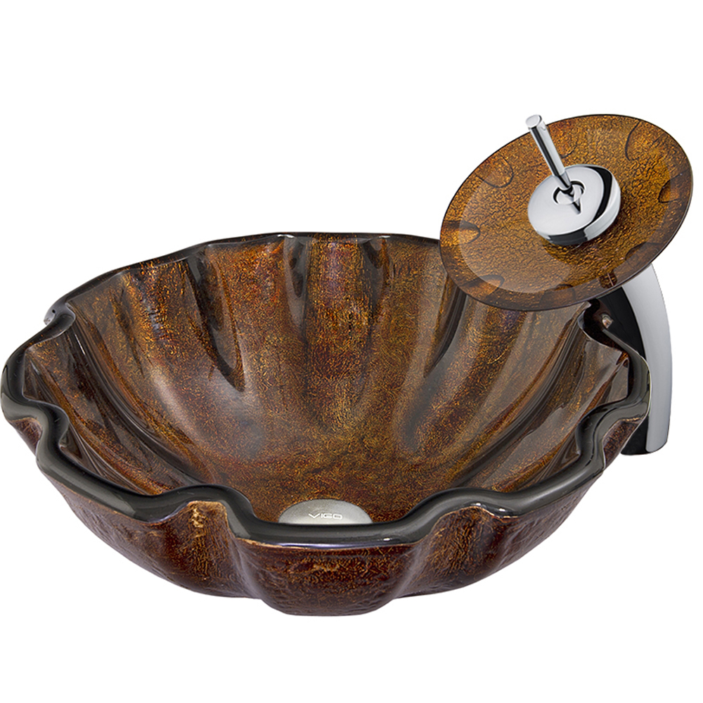 Walnut Shell Glass Vessel Sink and Waterfall Faucet Set in Chrome