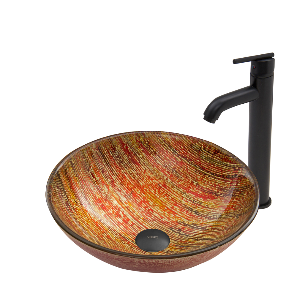 Blazing Fire Glass Vessel Sink and Seville Faucet Set in Matte Black