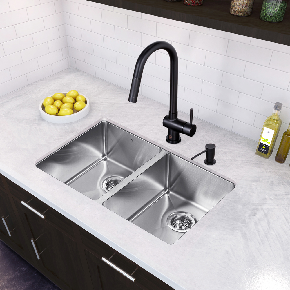 29-inch Undermount Stainless Steel 16 Gauge Double Bowl Kitchen Sink and Matte Black Pull-Down Kitchen Faucet