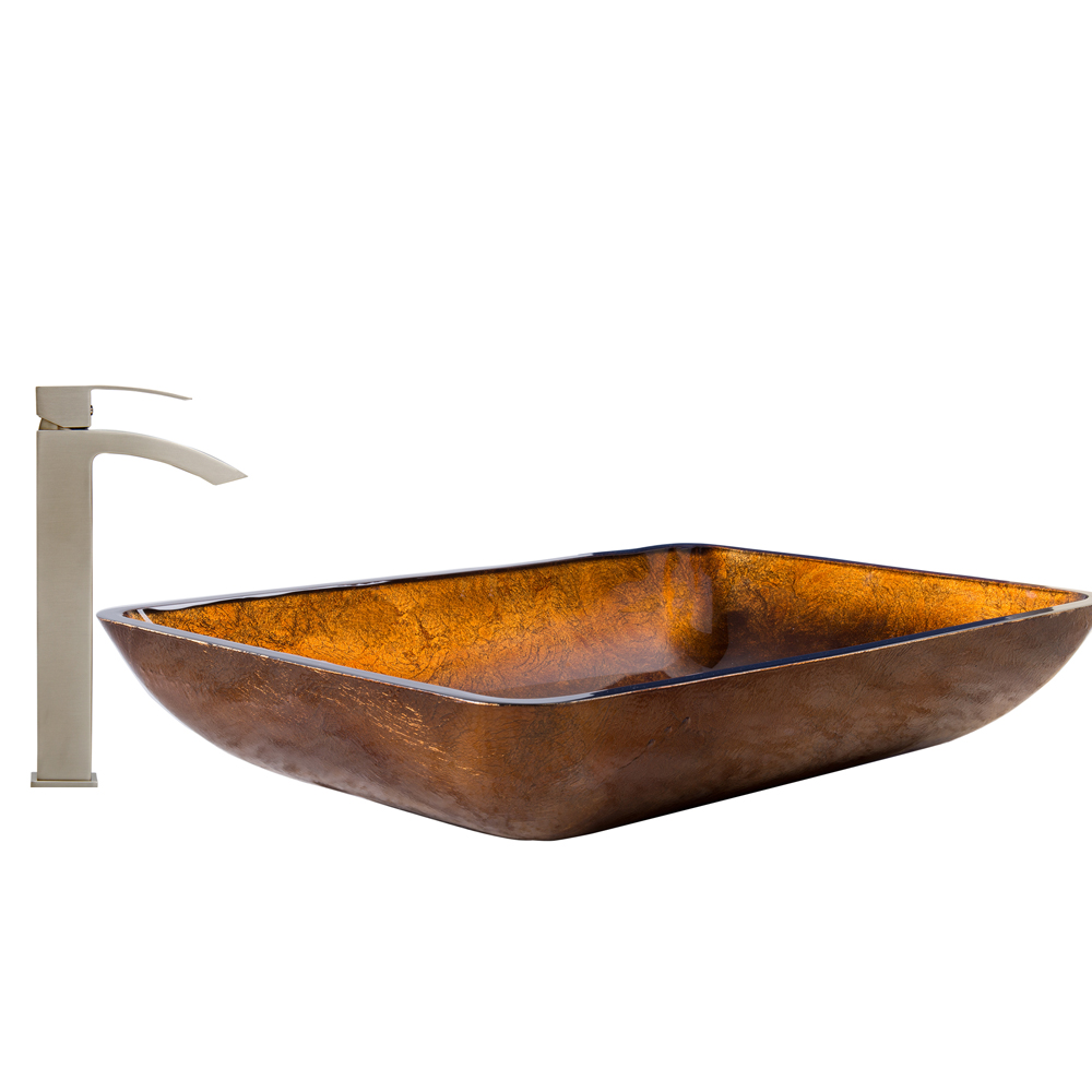 Rectangular Russet Glass Vessel Sink and Duris Faucet Set in Brushed Nickel