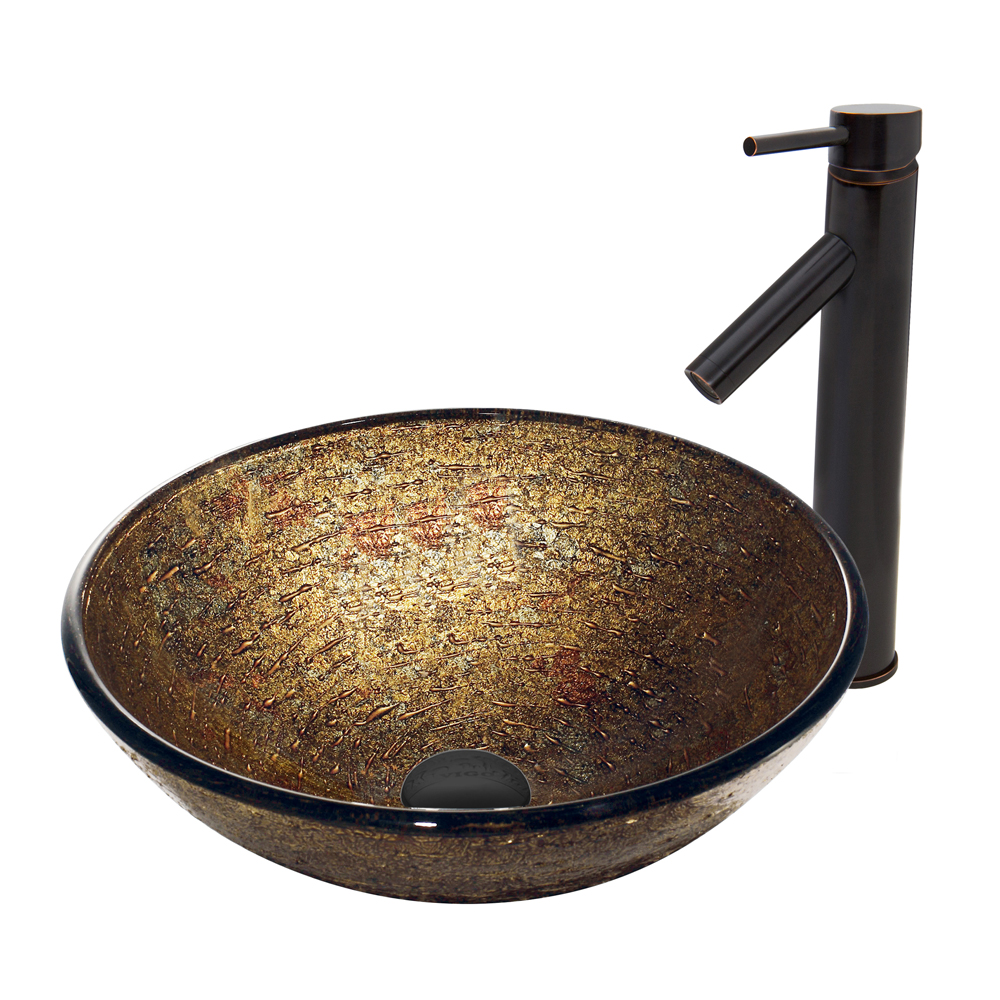 Textured Copper Glass Vessel Sink  and Dior Faucet Set in Antique Rubbed Bronze