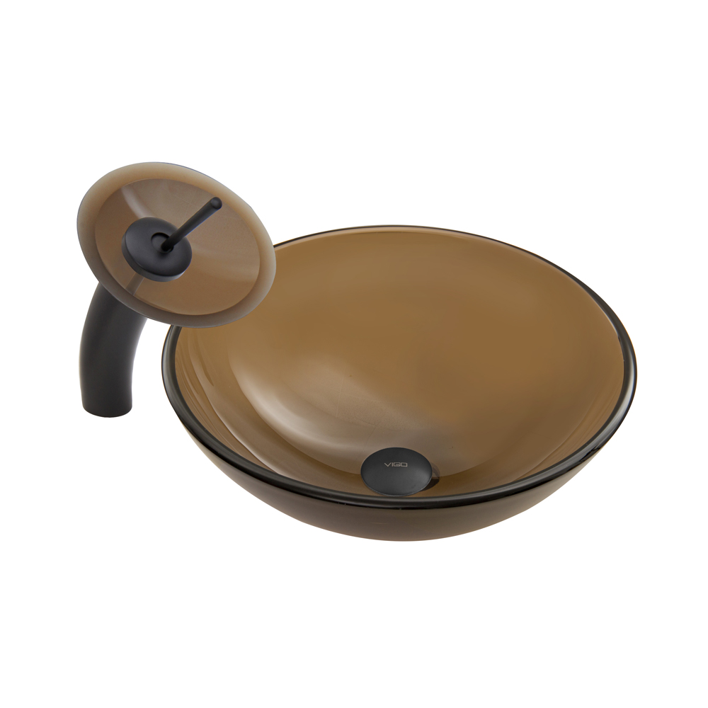 Sheer Sepia Frosted Glass Vessel Sink and Waterfall Faucet Set in Matte Black Finish