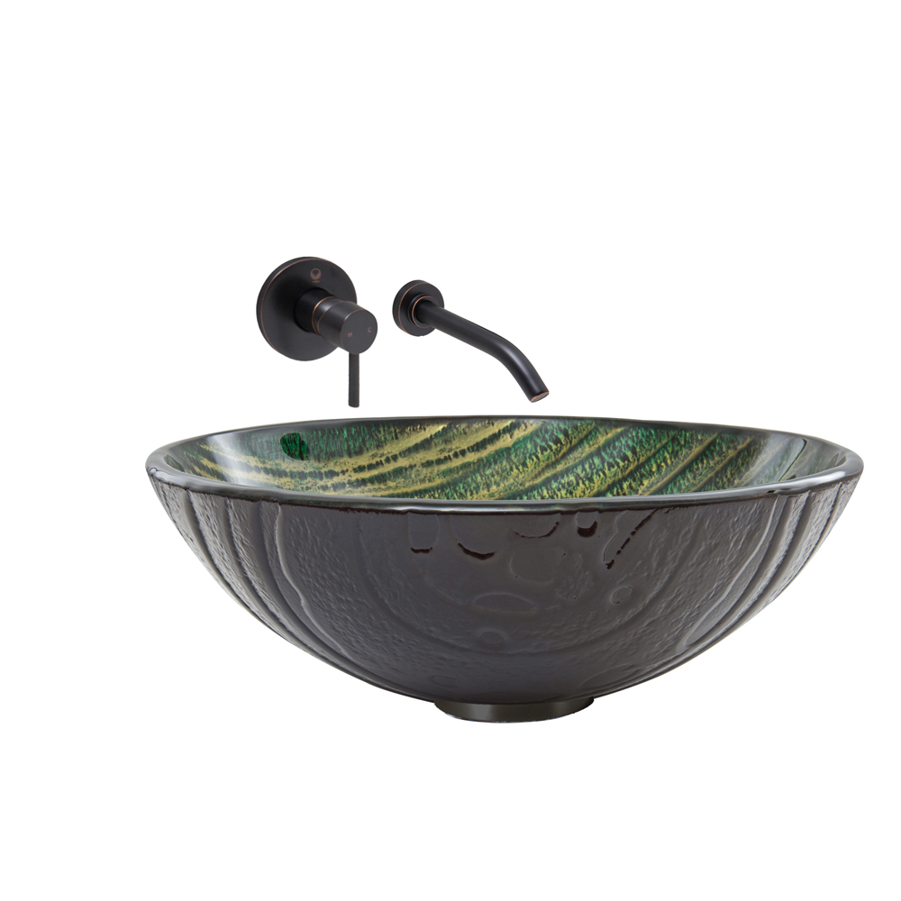 Green Asteroid Glass Vessel Sink and Olus Wall Mount Faucet Set in Antique Rubbed Bronze