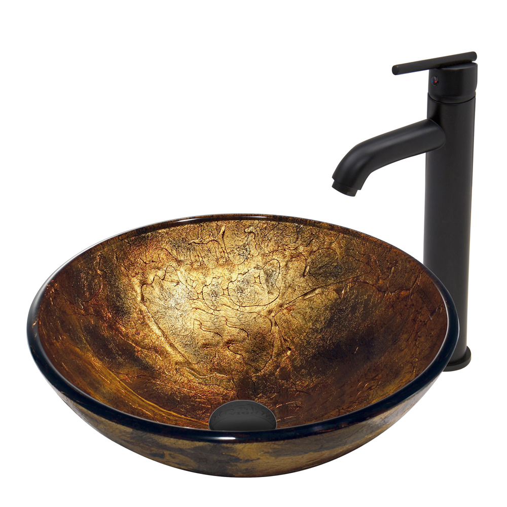 Copper Shapes Glass Vessel Sink  and Seville Faucet Set in Matte Black