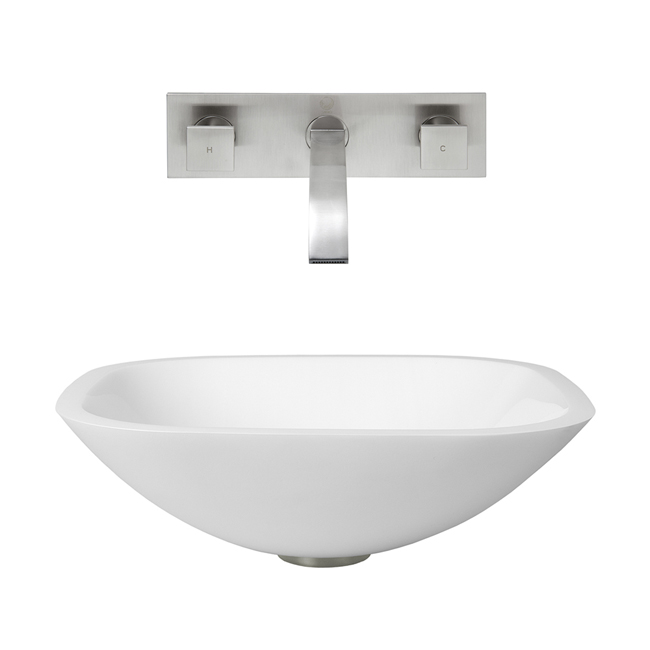 Square Shaped White Phoenix Stone Glass Vessel Sink with Brushed Nickel Wall Mount Faucet