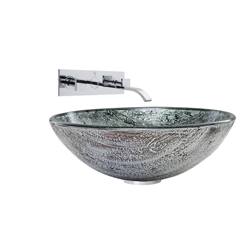 Titanium Glass Vessel Sink and Titus Wall Mount Faucet Set in Chrome