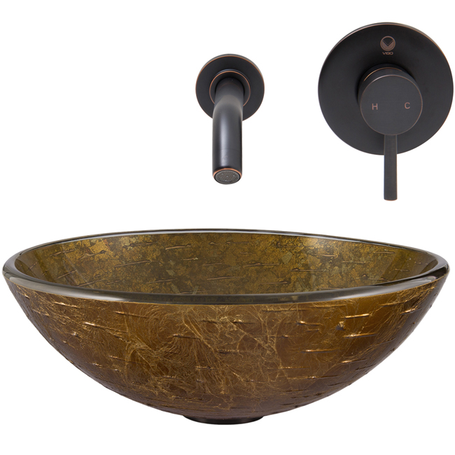 Textured Copper Glass Vessel Sink and Olus Wall Mount Faucet Set in Antique Rubbed Bronze