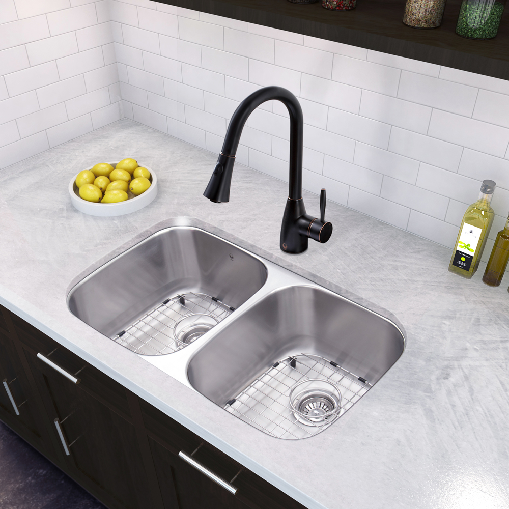 32-inch Undermount Stainless Steel 18 Gauge Double Bowl Kitchen Sink and Aylesbury Antique Rubbed Bronze Pull-Down Spray Kitchen Faucet