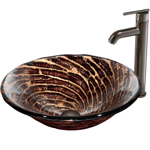 Chocolate Caramel Swirl Glass Vessel Sink and Faucet Set in Oil Rubbed Bronze