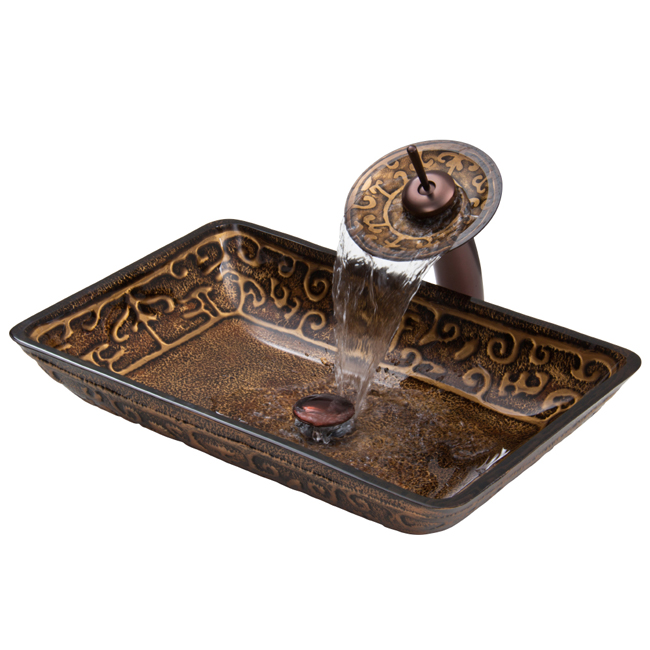 Rectangular Golden Greek Glass Vessel Sink and Waterfall Faucet Set in Oil Rubbed Bronze